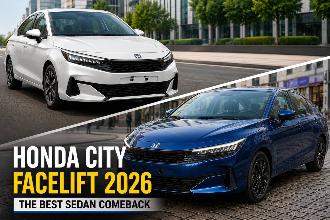 2026 Honda City Facelift feature image showing new front design, LED headlights, premium sedan styling, hybrid sedan look, and upcoming Honda City India launch motorgaari.com