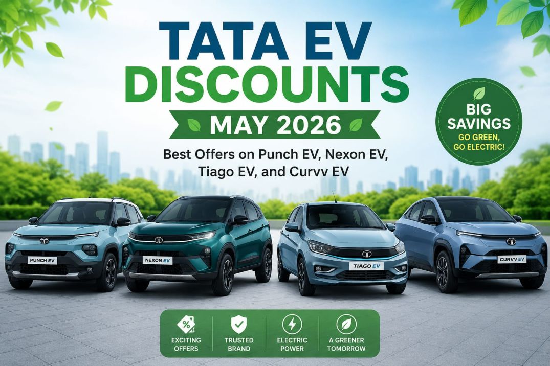 Tata EV Discounts May 2026 featured image showing Tata Punch EV, Nexon EV, Tiago EV and Curvv EV with latest electric car offers, price cuts and discount benefits in India motorgaari.com